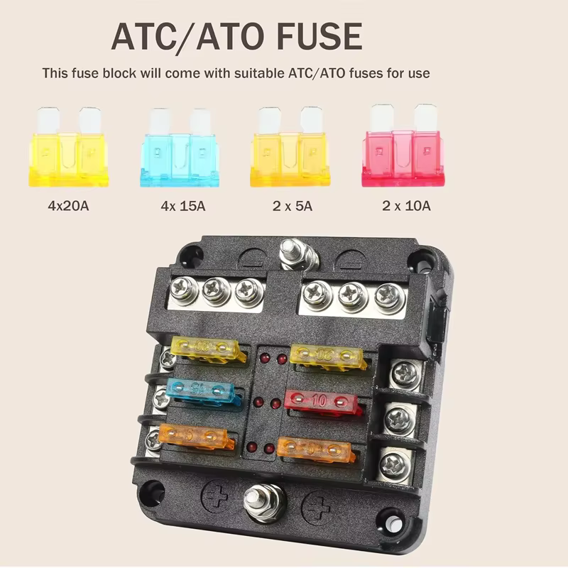 Bloc de fusibles à 6 voies avec indicateur d'avertissement LED, panneau de Distribution d'énergie 12V, support de boîte à fusibles pour bateau et voiture avec couvercle en plastique