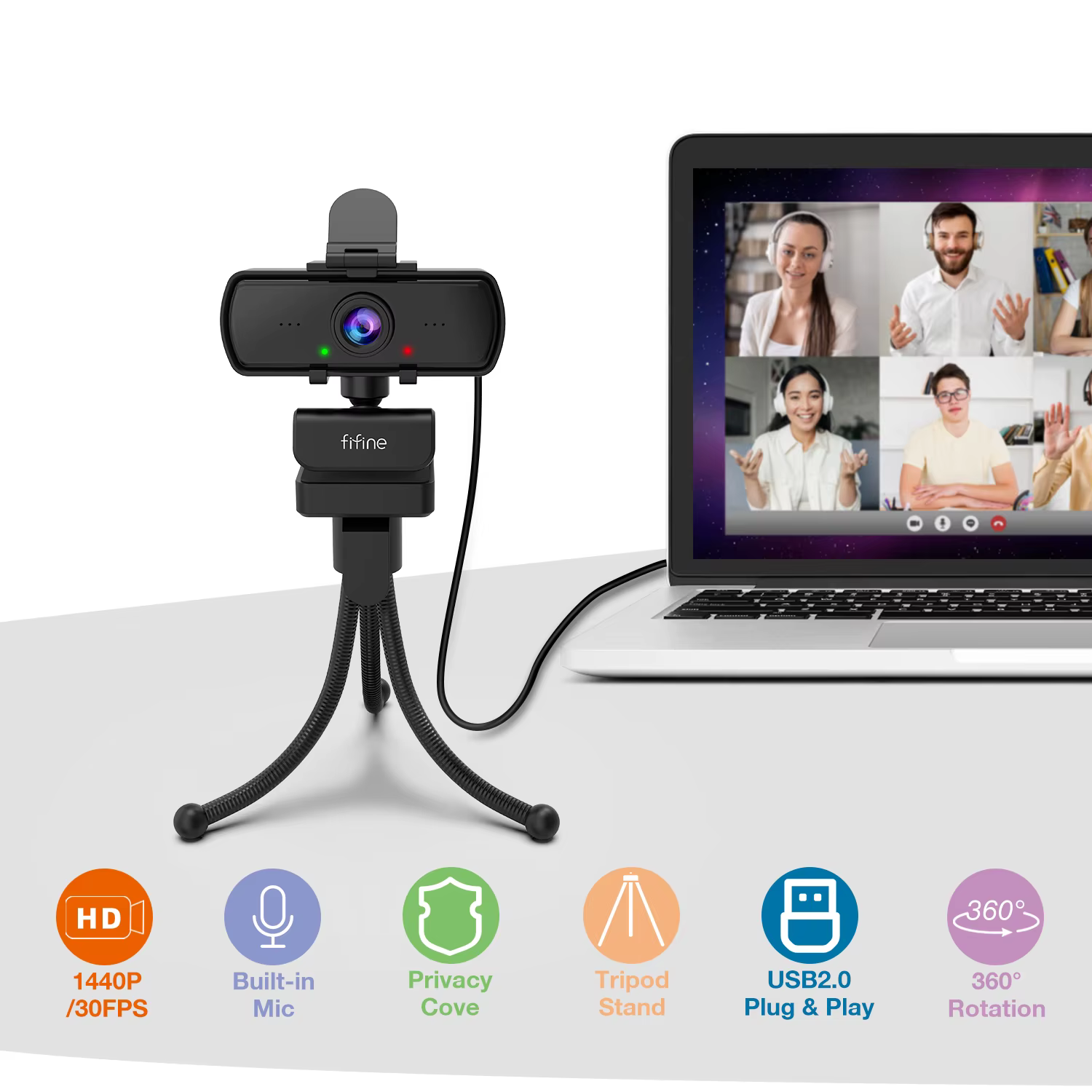 Webcam PC FIFINE 1440p Full HD avec microphone, trépied, pour ordinateur de bureau et ordinateur portable, webcam pour diffusion en direct et appels vidéo - K420