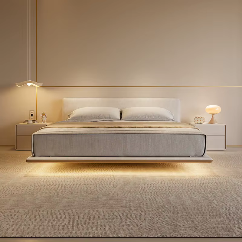 Lit 200x220 180x200cm Crème Style Luxe Tissu Cadre de lit Queen Size Moderne Luxe Simple Chambre à coucher Lits et cadres de lit Meubles