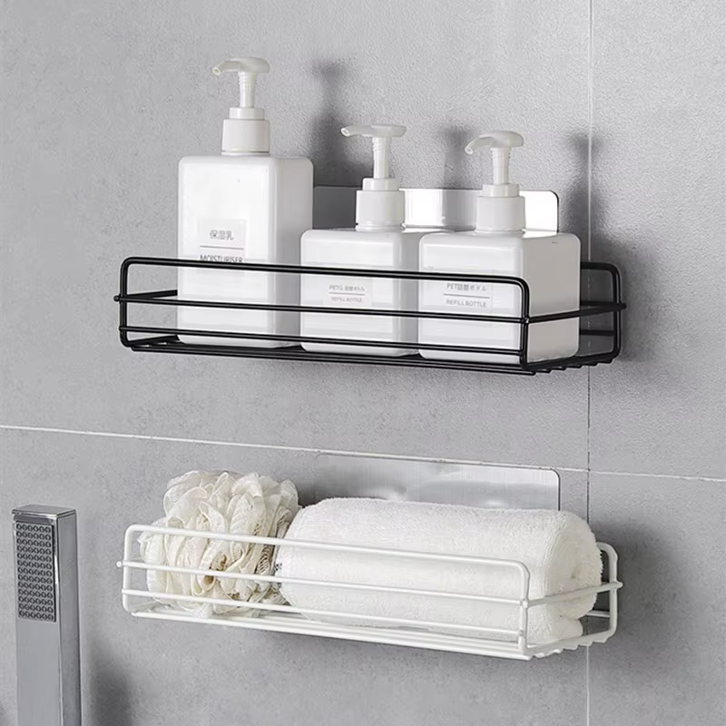Étagère de rangement pour salle de bain, organisateur de cuisine, étagères noires, cadre d'angle, poinçon de douche en fer, support Caddy monté sans poinçon