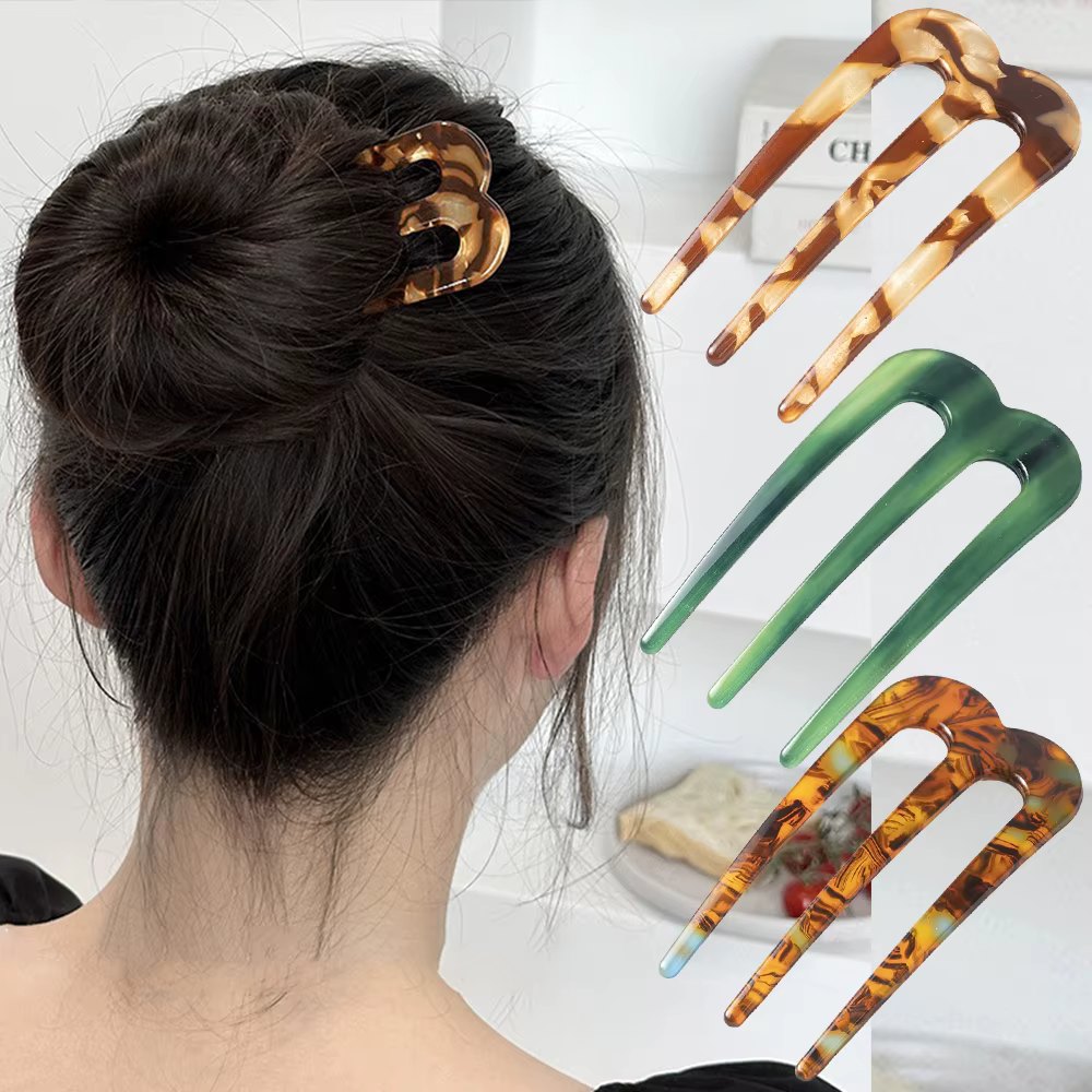 Fourchettes à cheveux à l'acide acétique, bâtons à trois dents, peigne en forme de U, chignon, épingle à cheveux pour femmes et filles, accessoires de coiffure, bandeau