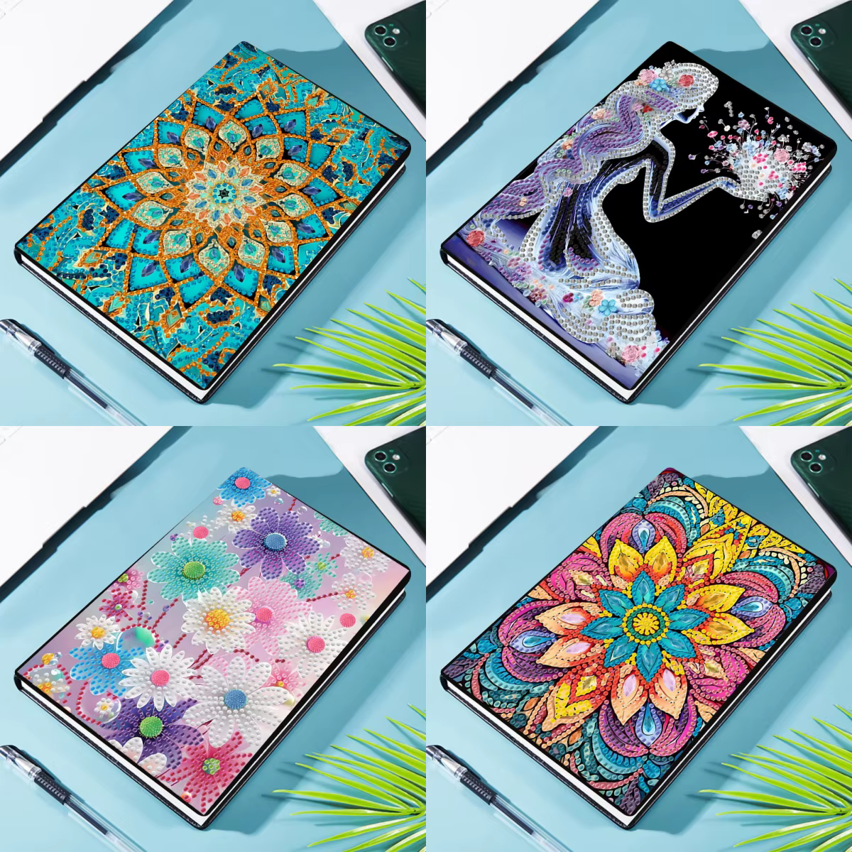 Mosaïque de peinture au diamant pour femmes adultes, cristal peint, motif floral en or, cuir, journal intime, carnet de croquis