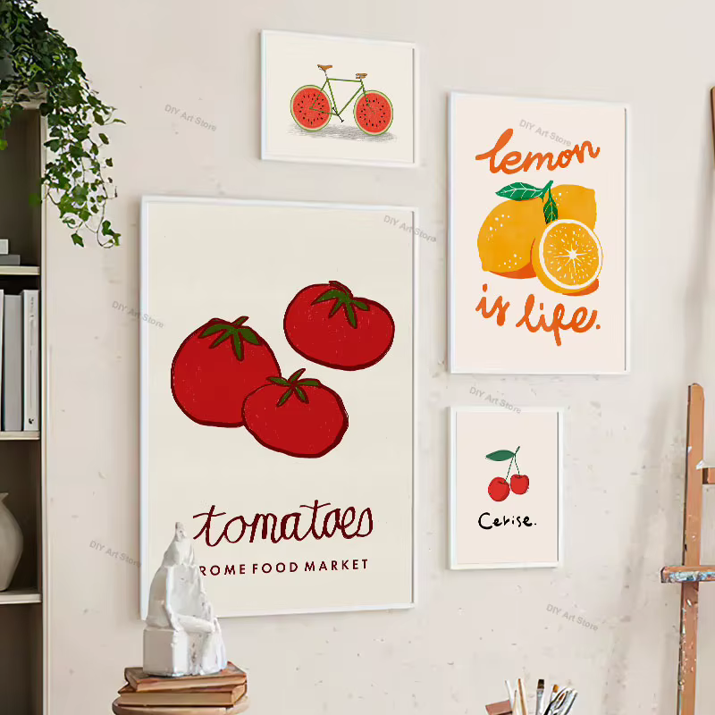 Affiche et impressions abstraites de fruits (citron, orange, pêche, tomate), peinture sur toile, décorations murales pour cuisine et salle à manger