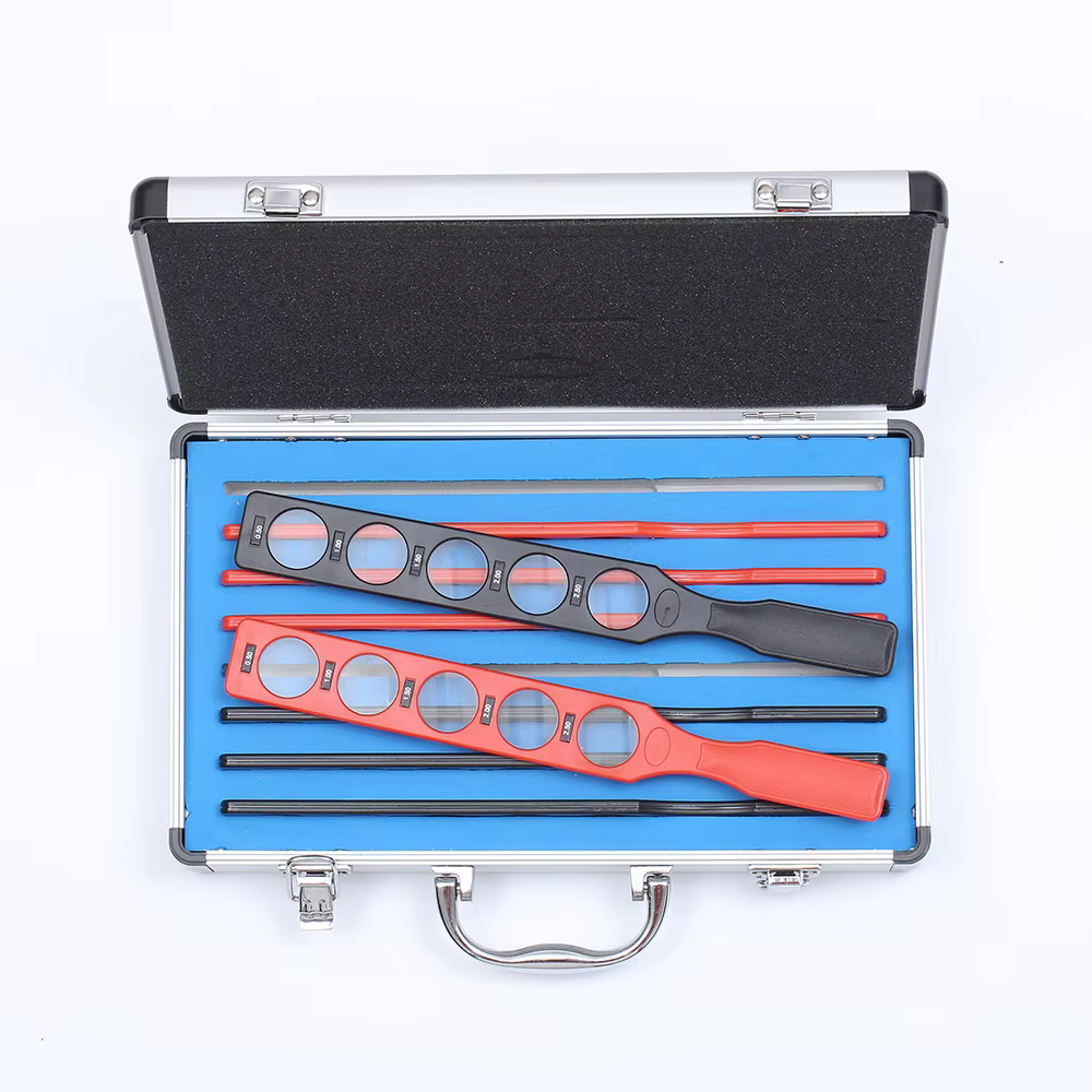 Ensemble de lentilles d'essai ophtalmiques LINK Brand pour rétinoscopie, avec support en plastique, étui en aluminium et plateau à lentilles, 8 barres, 40 lentilles