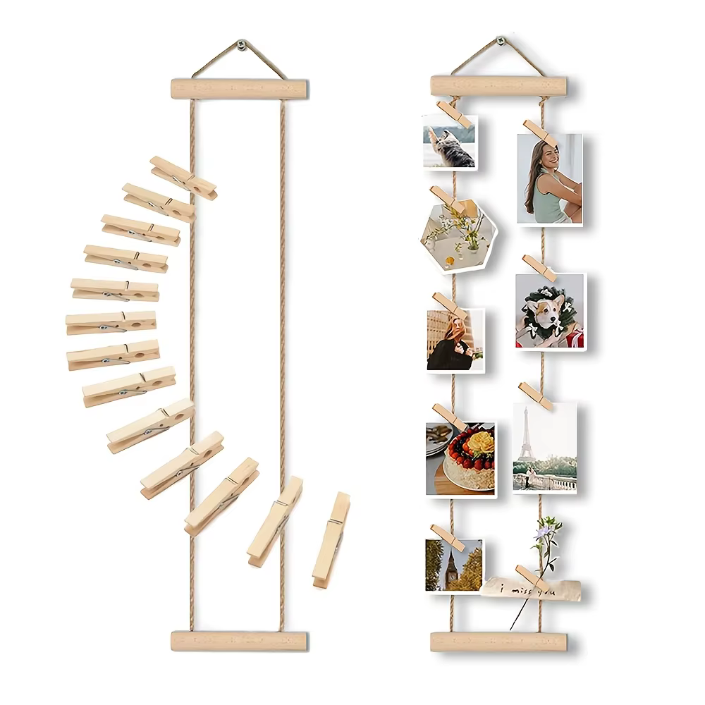 Corde à suspendre les photos en bois avec pinces en bois, support d'affichage multi-photos, gain de place pour dortoir, chambre, bureau et décorations murales