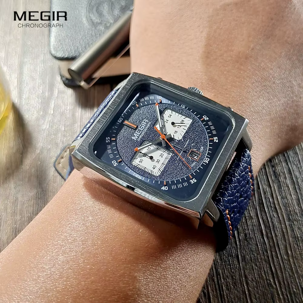 Montre à quartz pour homme MEGIR 2182 avec cadran carré, élégante et tendance, chronographe avec date, bracelet en cuir bleu noir, Reloj