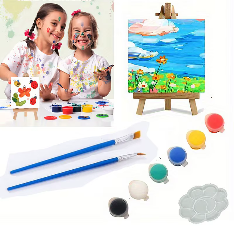 1 kit de peinture, 1 planche à dessin, 1 chevalet, 2 stylos, 6 couleurs de peinture, 1 palette, mini planche à dessin, peinture acrylique