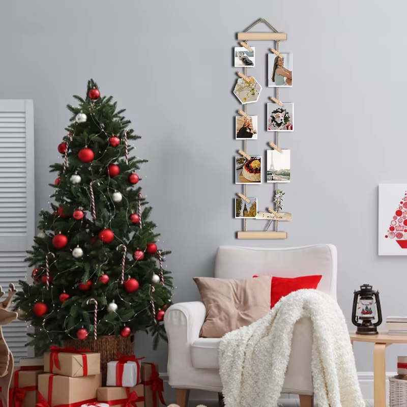 Corde à suspendre les photos en bois avec pinces en bois, support d'affichage multi-photos, gain de place pour dortoir, chambre, bureau et décorations murales