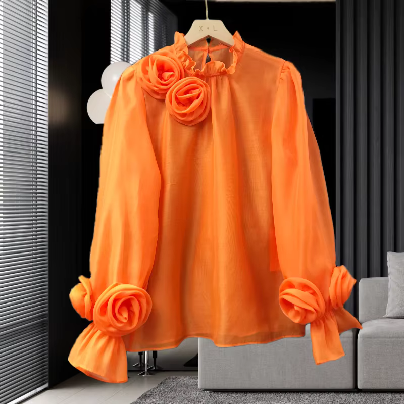 Chemisier Femme Style Français Printemps 2026 avec Fleurs en Relief et Patchwork Coloré, Blouse Unie à Manches Longues pour Femme 42927