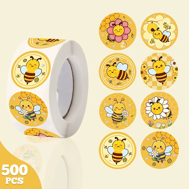 500 autocollants en rouleau Abeilles Cartoon, étiquettes récompense Abeilles, autocollants imperméables en papier auto-adhésifs pour jeux éducatifs et fêtes