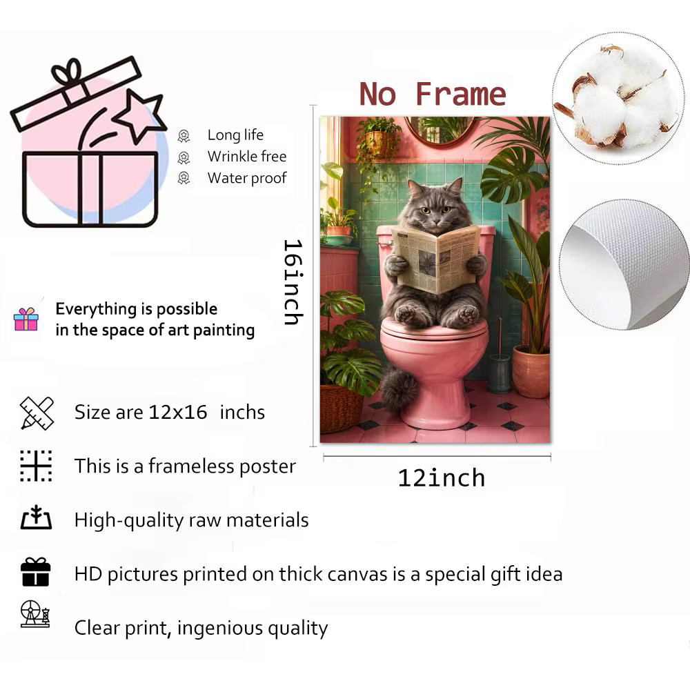 Tableau mural sur toile avec chat de salle de bain lisant sur les toilettes, calligraphie, pour décoration intérieure de chambre et maison