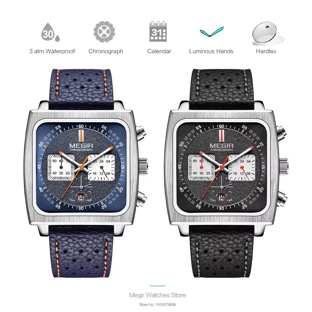 Montre à quartz pour homme MEGIR 2182 avec cadran carré, élégante et tendance, chronographe avec date, bracelet en cuir bleu noir, Reloj