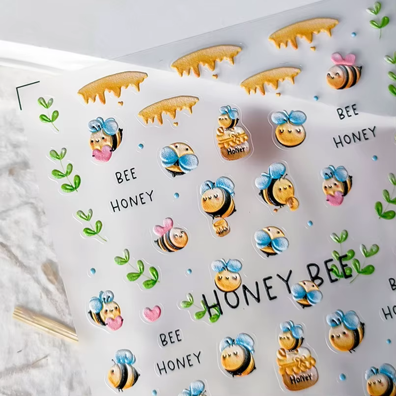 Pot de miel d'abeille mignon, fleurs de marguerite, Pot de miel, amour, cœur, feuilles vertes, Reliefs, autocollants auto-adhésifs pour Nail Art, décalcomanie de manucure