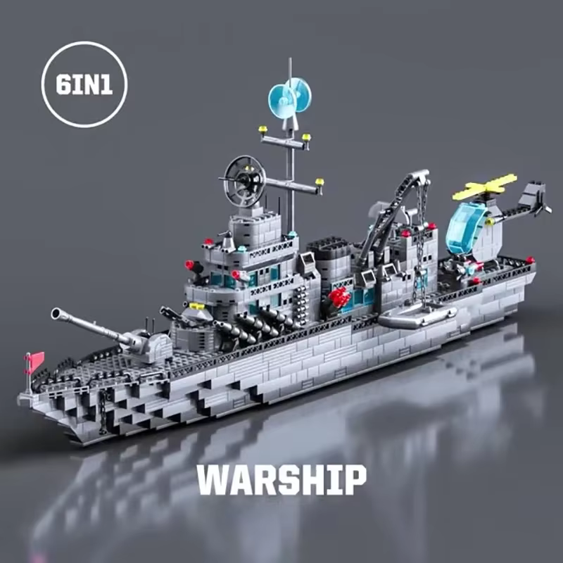 Ensemble de blocs de construction de navires militaires 6 en 1 de 65,5 cm, jouets de bataille pour garçons, modèles de bateaux et d'avions de l'armée, jouets en briques, cadeaux de Noël