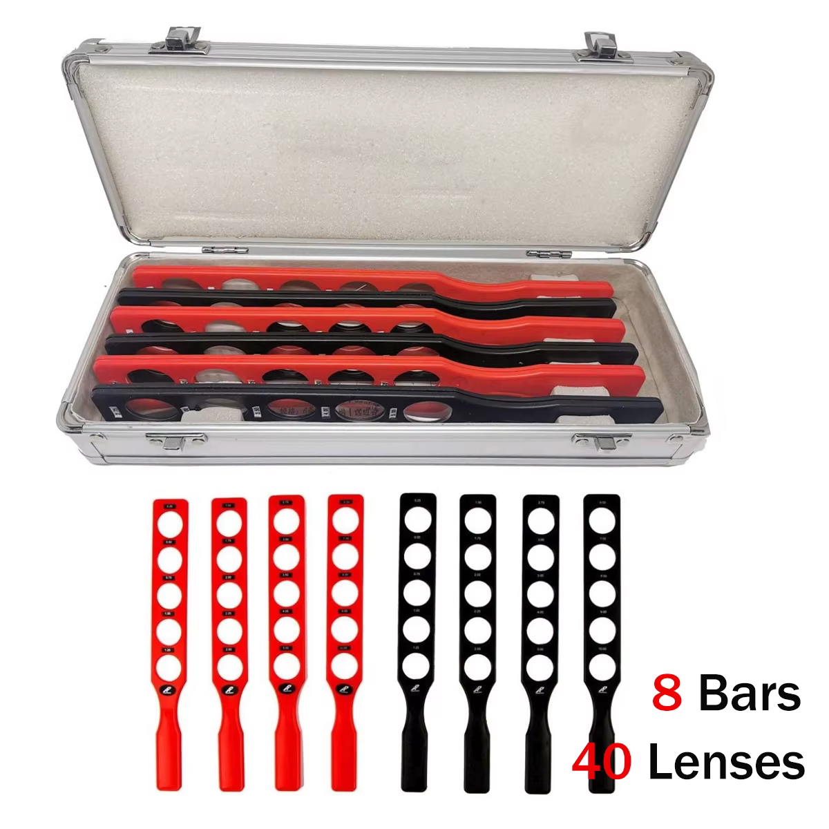 Ensemble de lentilles d'essai ophtalmiques LINK Brand pour rétinoscopie, avec support en plastique, étui en aluminium et plateau à lentilles, 8 barres, 40 lentilles
