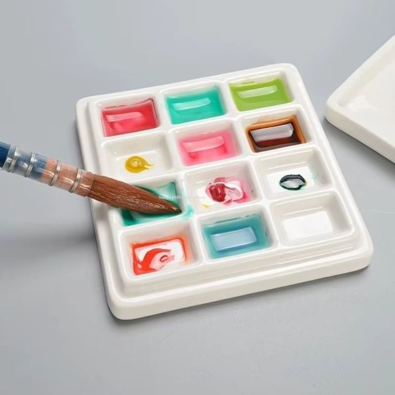 Palette de peinture en céramique carrée Portable à 12 grilles, bricolage pour étudiants, peinture extérieure, peinture acrylique, aquarelle, outils spéciaux