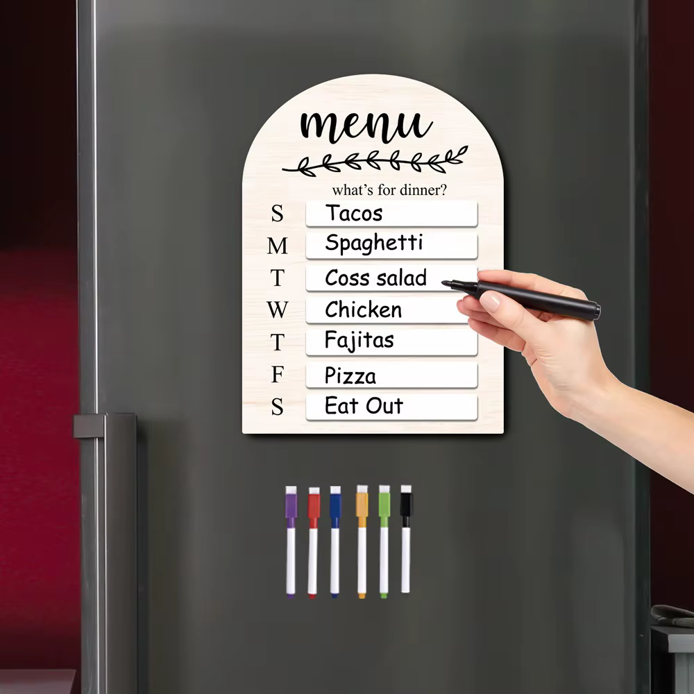 Tableau de notes magnétique pour réfrigérateur, planificateur de repas en bois avec stylo, tableau de planification des aliments, planche de préparation des repas pour la maison