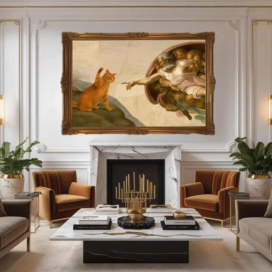 Peinture sur toile sans cadre grand format 1 pièce "Création d'Adam" fantaisiste avec chat orange, décoration murale - Parodie d'art classique Po