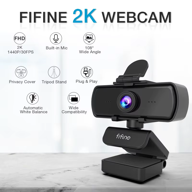 Webcam PC FIFINE 1440p Full HD avec microphone, trépied, pour ordinateur de bureau et ordinateur portable, webcam pour diffusion en direct et appels vidéo - K420