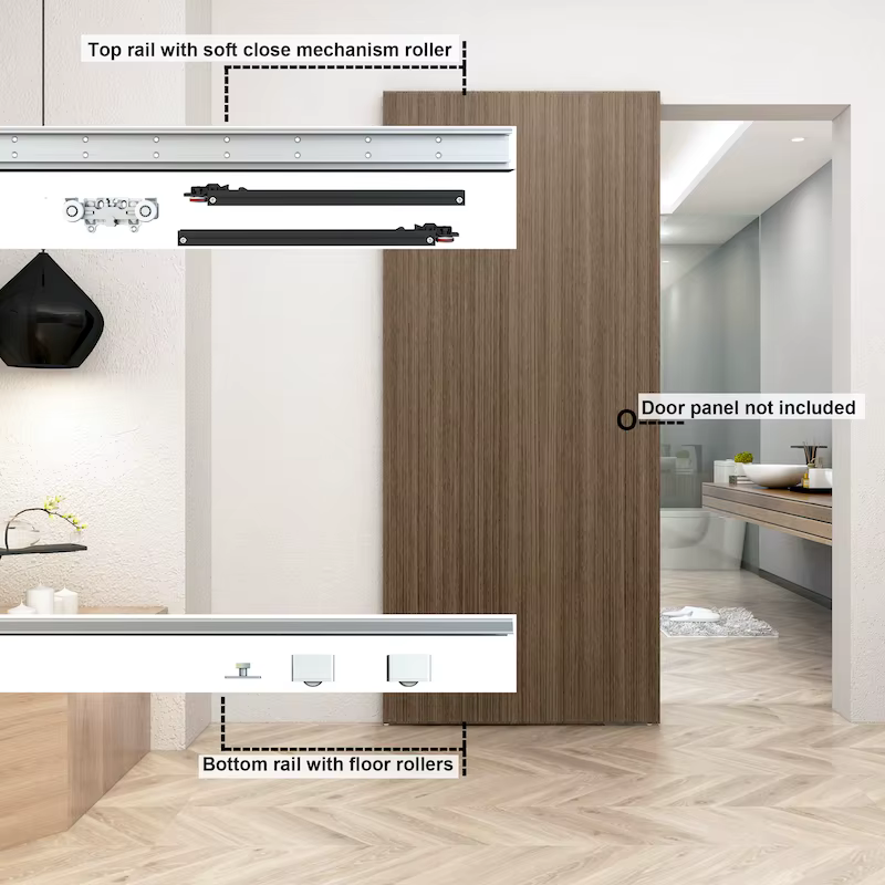 Kit de quincaillerie pour porte de grange dissimulée DIYHD 42'' (106 cm) avec fermeture amortie, rail flottant invisible à montage mural, compatible avec ouvertures de 34'' à 38'' (86-96 cm)