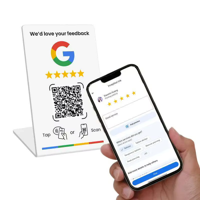 Support de code QR personnalisé pour avis Google, affichage de menu en acrylique, plaque pour réseaux sociaux Facebook, touchez ou scannez pour laisser un avis (NFC+QR)