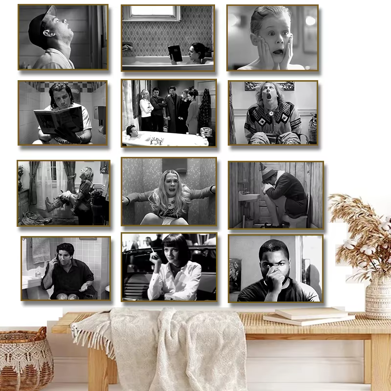 Scènes de film drôles, série d'art de salle de bains, affiche imprimée sur toile noire et blanche, images murales de maison, décor de toilettes moderne