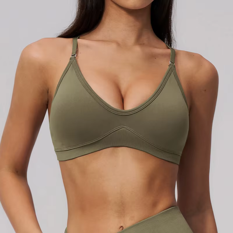 Soutien-gorge de sport côtelé à col halter pour femme, avec bretelles amovibles, haut de sport pour la gym, taille haute, effet push-up avec coussinets de poitrine
