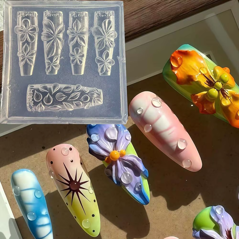 1 moule en silicone pour nail art, motif dessin animé mignon, fleur, chaîne, cerise, nœud, design 3D transparent, pour décoration d'ongles DIY
