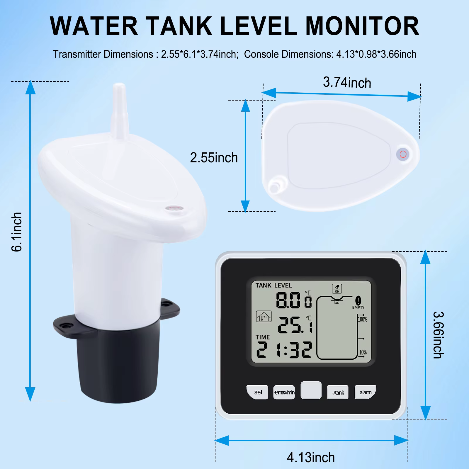 Moniteur de niveau de réservoir d'eau sans fil, Transmission à distance de 100m, alarme de température haute/basse, bande d'affichage LCD pour tours d'eau