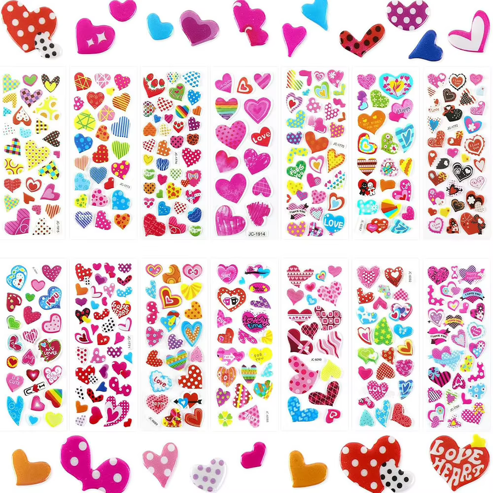 Autocollants en forme de coeur 8 feuilles Valentine Love Sweet Hearts autocollants pour enfants enfants mignon gonflé coloré 3D saint valentin Craf
