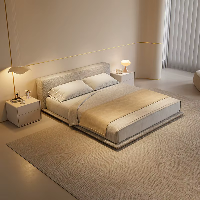 Lit 200x220 180x200cm Crème Style Luxe Tissu Cadre de lit Queen Size Moderne Luxe Simple Chambre à coucher Lits et cadres de lit Meubles
