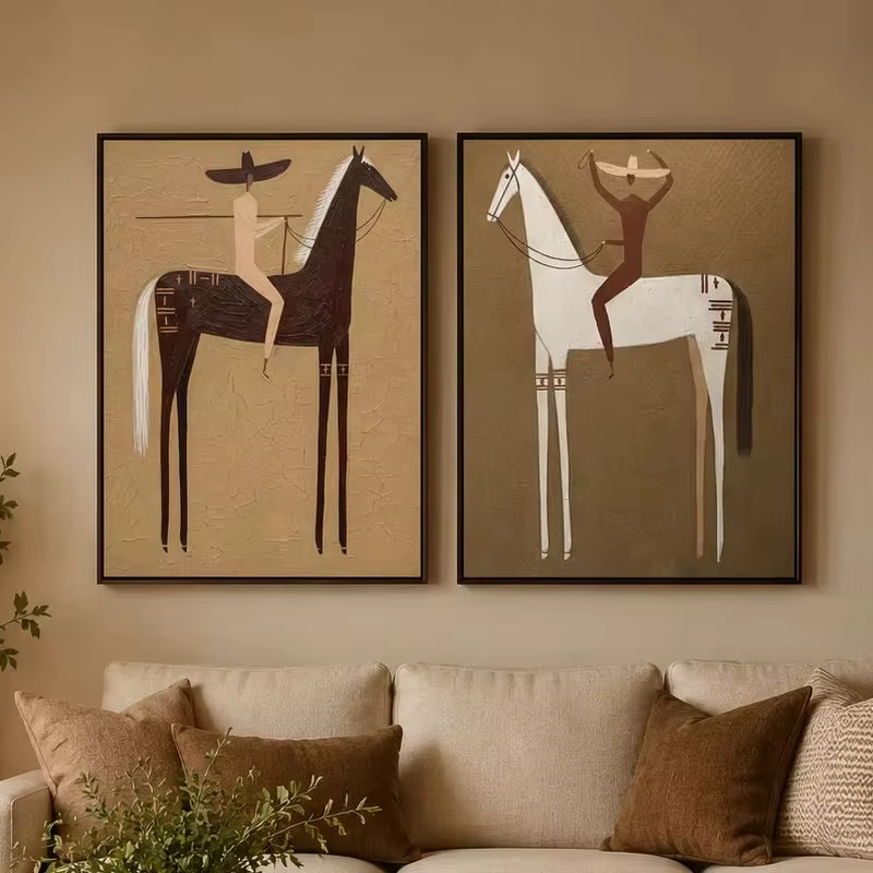 Diptyque Lance & Balance – Peinture à deux panneaux Vintage Americana Two Folk Riders |   Art rustique pour le salon, pour la chambre à coucher, pour le séjour