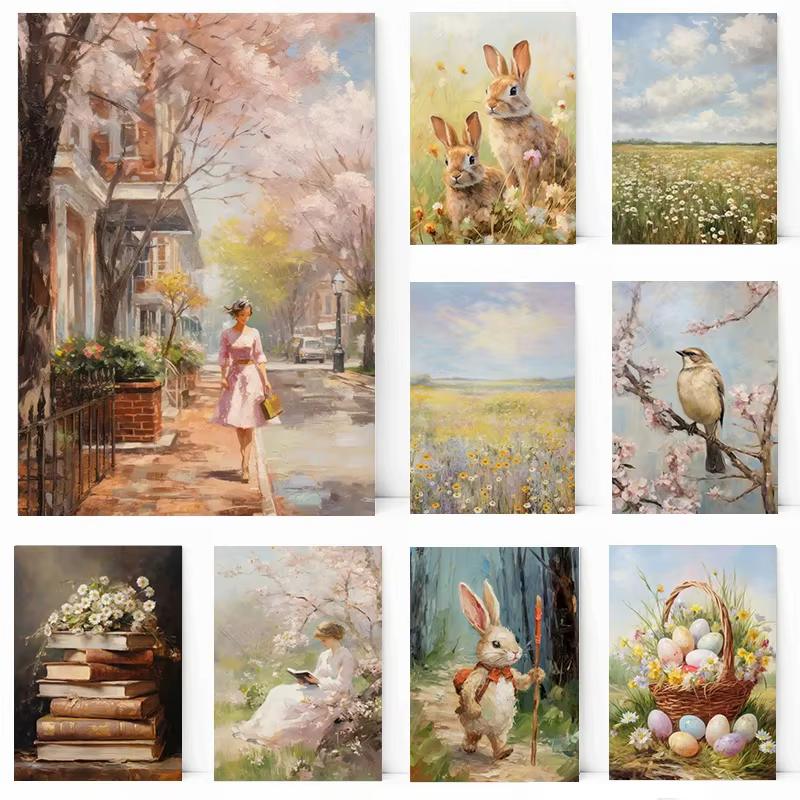 Affiche de printemps et de Pâques, champ de fleurs sauvages de printemps, famille de lapins, ville, lapin de Pâques, peinture sur toile, art mural, image, décoration de la maison