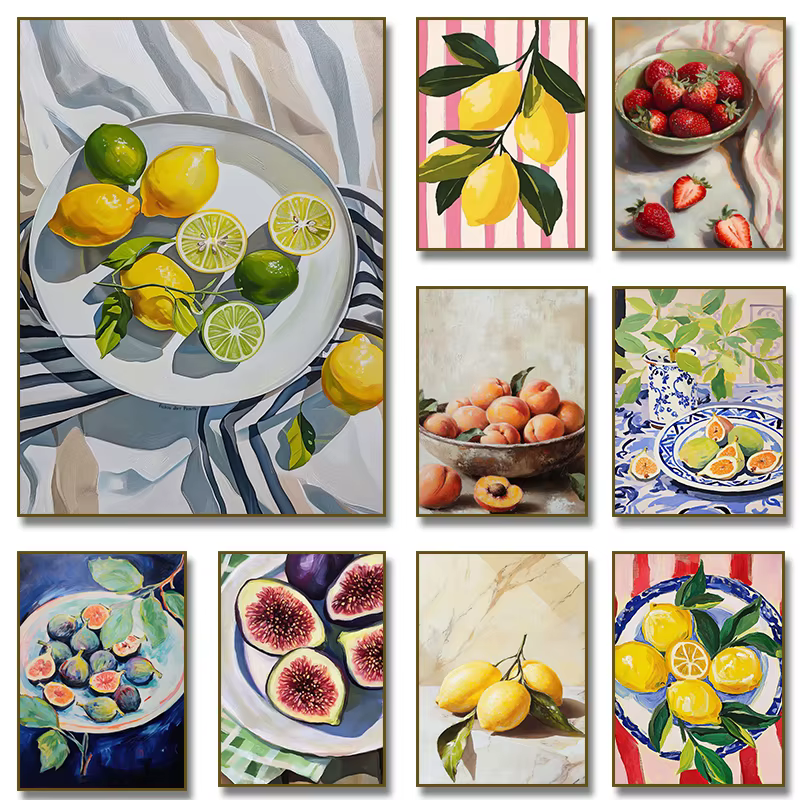 Affiche abstraite de marché aux fruits, figue, citrons, fraises, pêches, peinture sur toile imprimée, tableau d'art mural pour décoration de salon et de maison