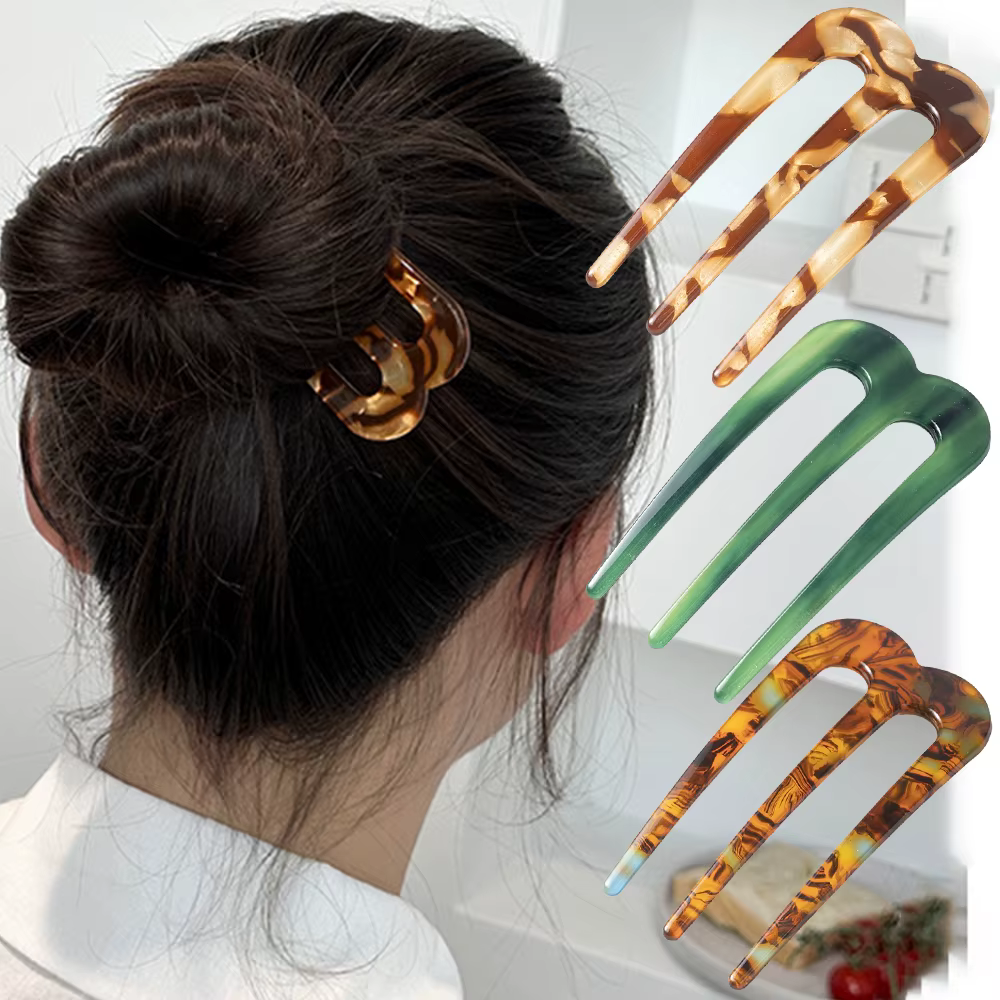 Fourchettes à cheveux à l'acide acétique, bâtons à trois dents, peigne en forme de U, chignon, épingle à cheveux pour femmes et filles, accessoires de coiffure, bandeau