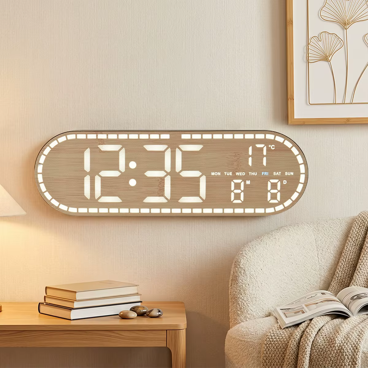 Grande horloge murale numérique avec affichage de la température, de la date et du jour de la semaine, horloge de table électronique à LED, luminosité réglable, format 12/24H