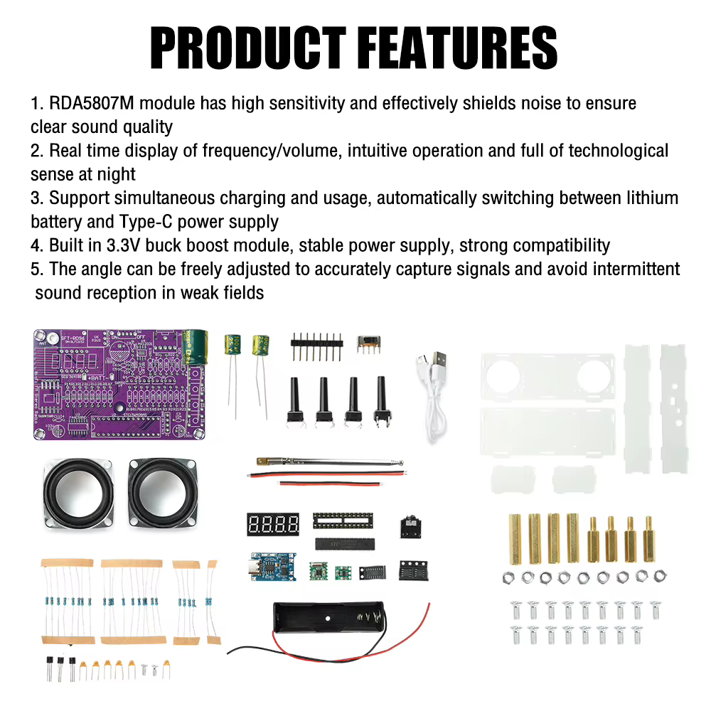 Kit radio FM numérique double canal avec affichage numérique et interface Type-C, plage de fréquences 87,5 MHz-108 MHz