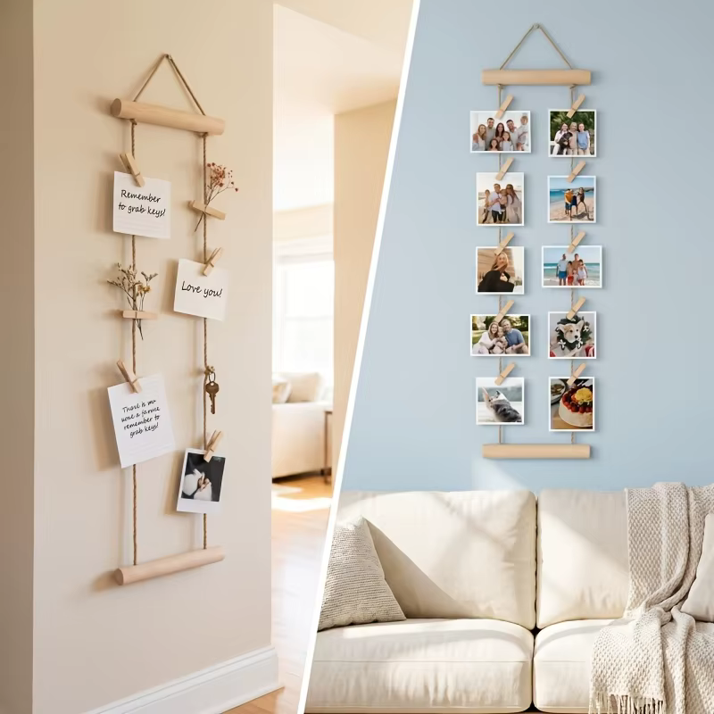 Corde à suspendre les photos en bois avec pinces en bois, support d'affichage multi-photos, gain de place pour dortoir, chambre, bureau et décorations murales