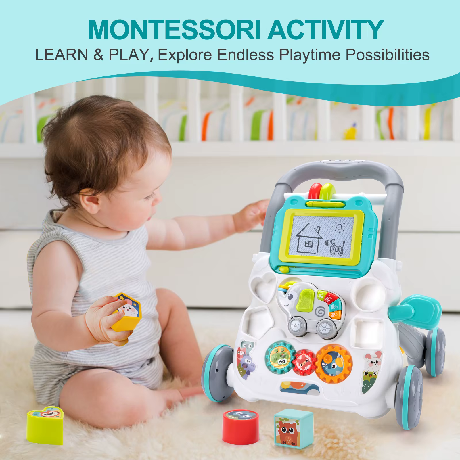 Jouet de marcheur à pousser pour bébé de 6 à 15 mois, avec planche à dessin, musique, activité multifonction, marche d'apprentissage pour nourrissons