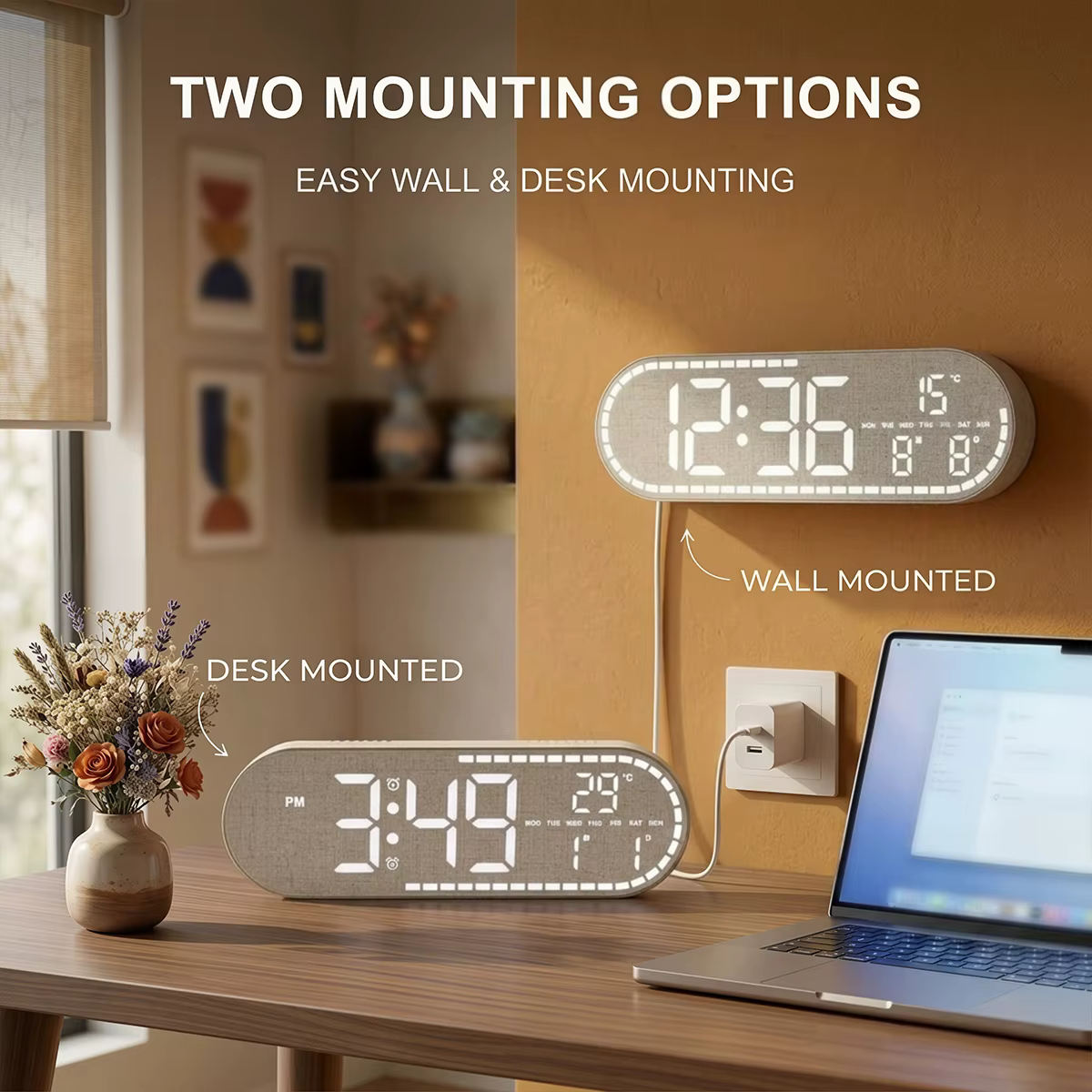 Grande horloge murale numérique avec affichage de la température, de la date et du jour de la semaine, horloge de table électronique à LED, luminosité réglable, format 12/24H