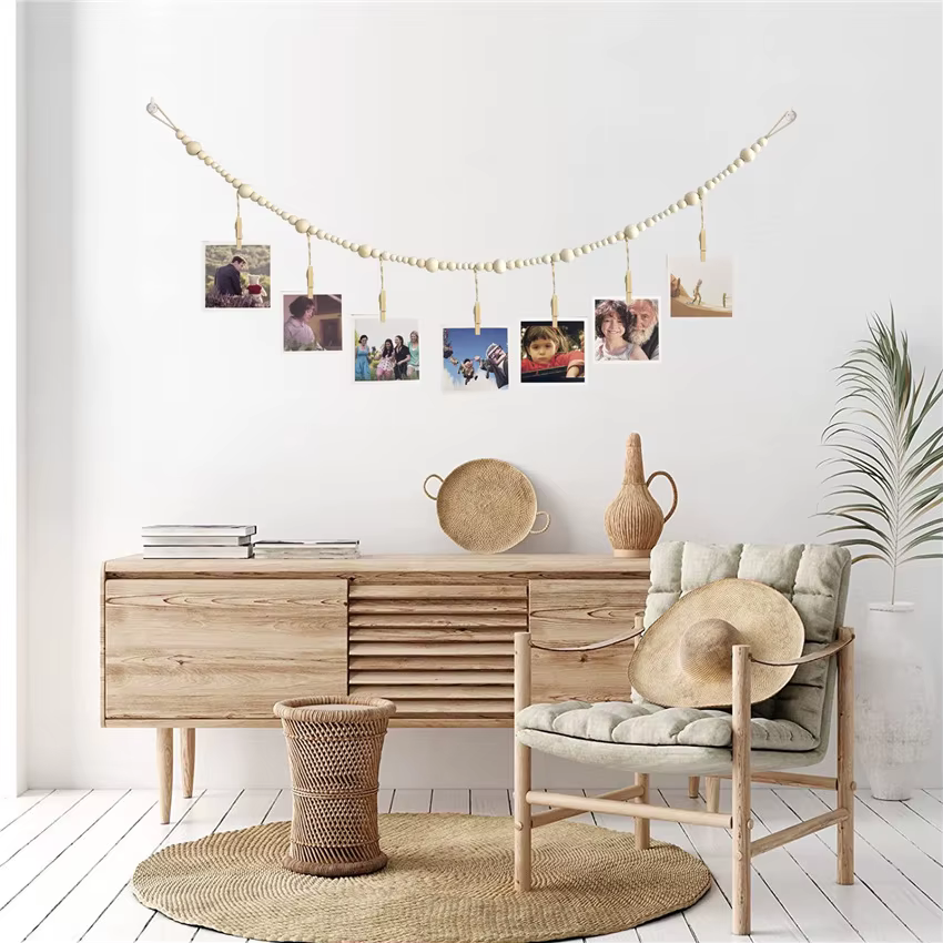 Présentoir de photo avec document en bois, ficelle de perles en chanvre, rangement de gland, clip de ficelle, décoration de la maison