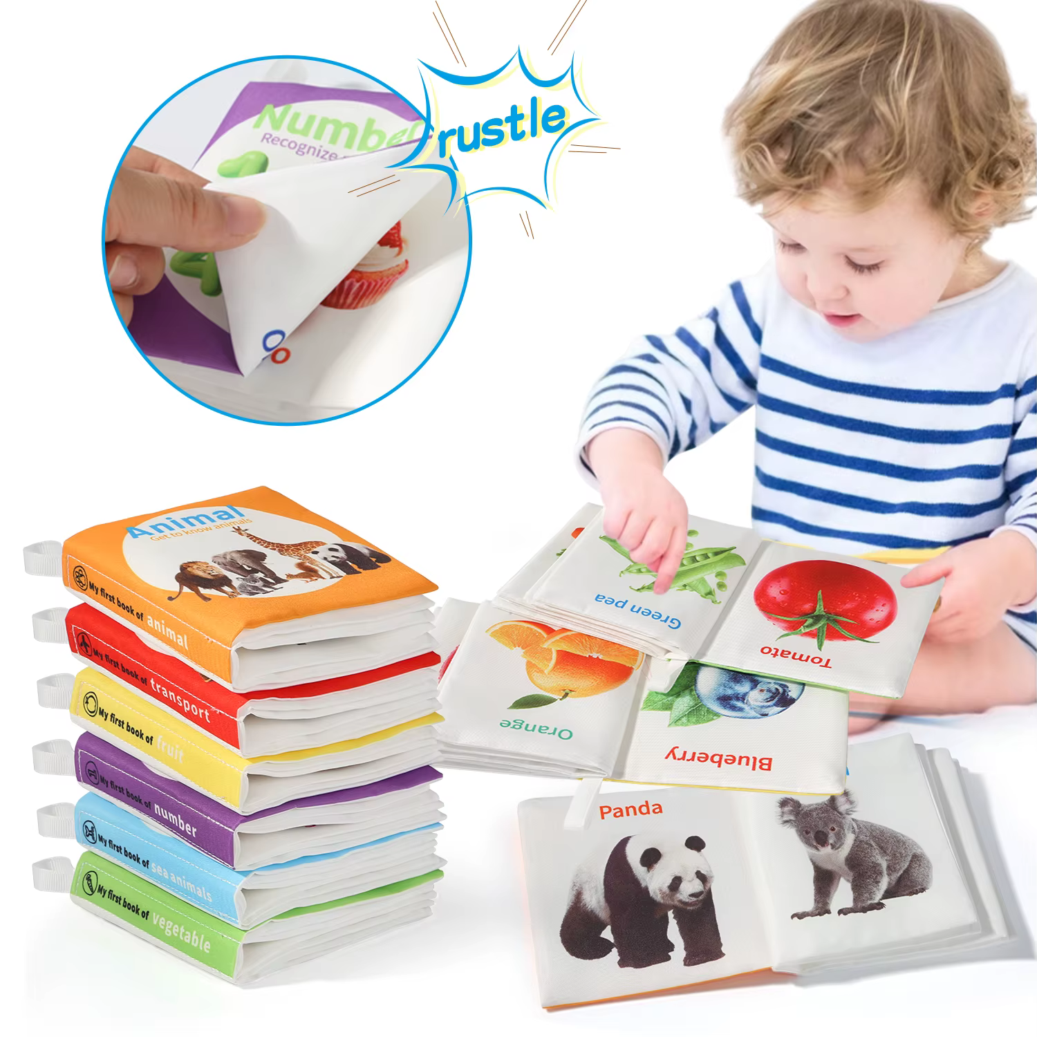 Livre d'éveil pour bébé de 0 à 6 mois, papier sonore épais et lavable + poignée tactile, illumination tactile visuelle pour nouveau-né, Cogniti