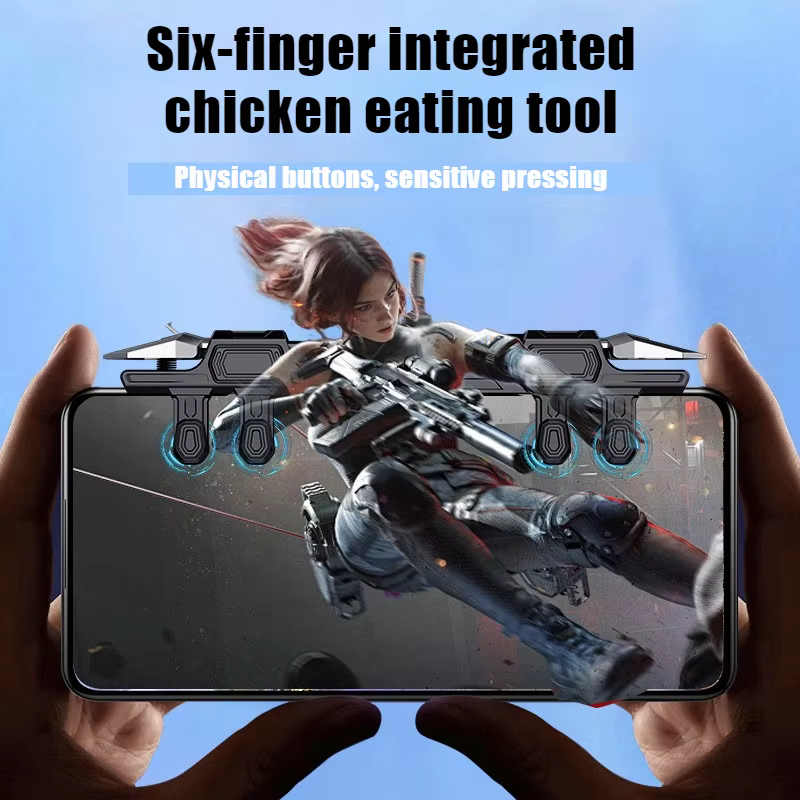 Déclencheur de jeu pour téléphone portable, 6 doigts, viser et tirer, Free Fire L1 R1, bouton en alliage ABS, joystick de jeu, contrôleur pour iPhone Android