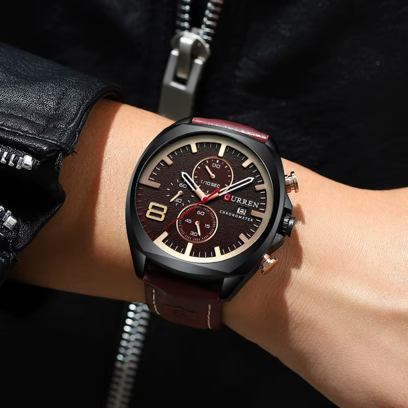 Montre à quartz classique CURREN 8324, ronde, étanche, avec bracelet en cuir, minimaliste, six aiguilles, multifonctionnelle, avec calendrier