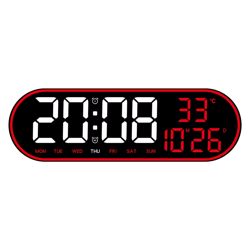 Grande horloge murale numérique de 15 pouces, horloge électronique LED avec cadre coloré, affichage de la température, de la Date, de la semaine, Snooze, double réveil