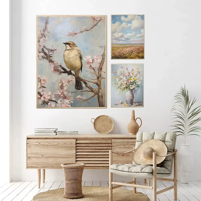 Affiche de printemps et de Pâques, champ de fleurs sauvages de printemps, famille de lapins, ville, lapin de Pâques, peinture sur toile, art mural, image, décoration de la maison