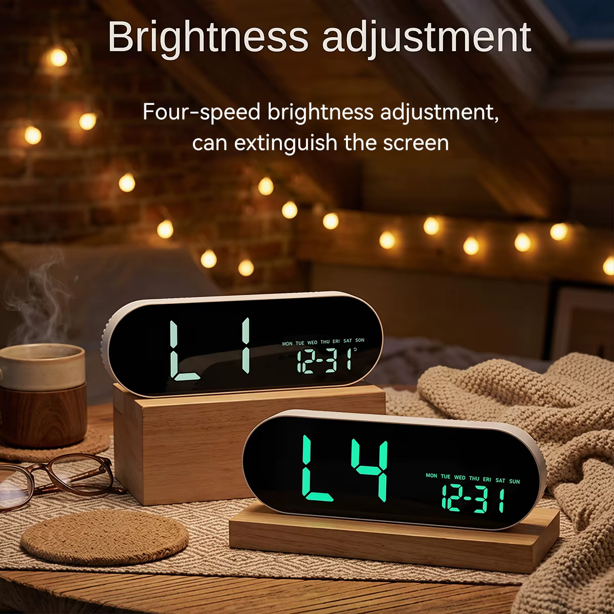 Grande horloge murale numérique avec affichage de la température, de la date et du jour de la semaine, horloge de table électronique à LED, luminosité réglable, format 12/24H