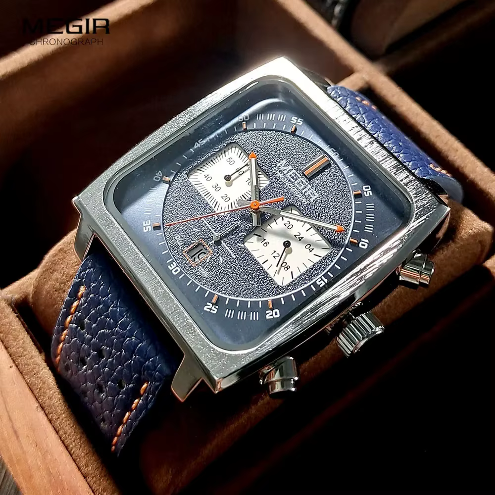 Montre à quartz pour homme MEGIR 2182 avec cadran carré, élégante et tendance, chronographe avec date, bracelet en cuir bleu noir, Reloj