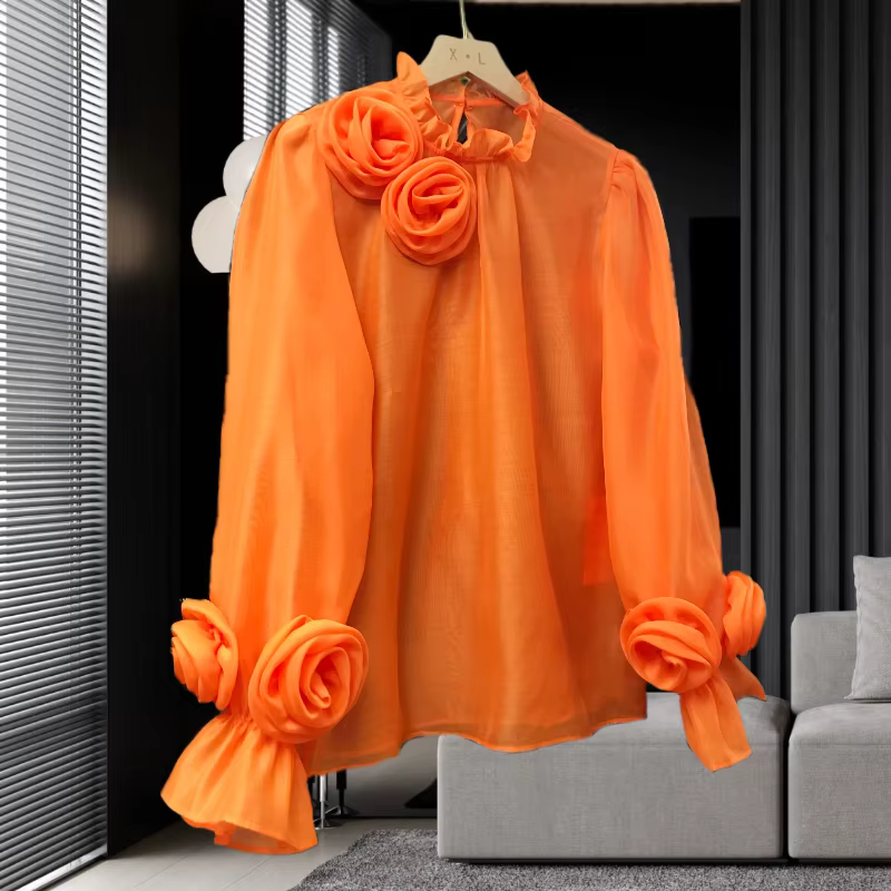 Chemisier Femme Style Français Printemps 2026 avec Fleurs en Relief et Patchwork Coloré, Blouse Unie à Manches Longues pour Femme 42927