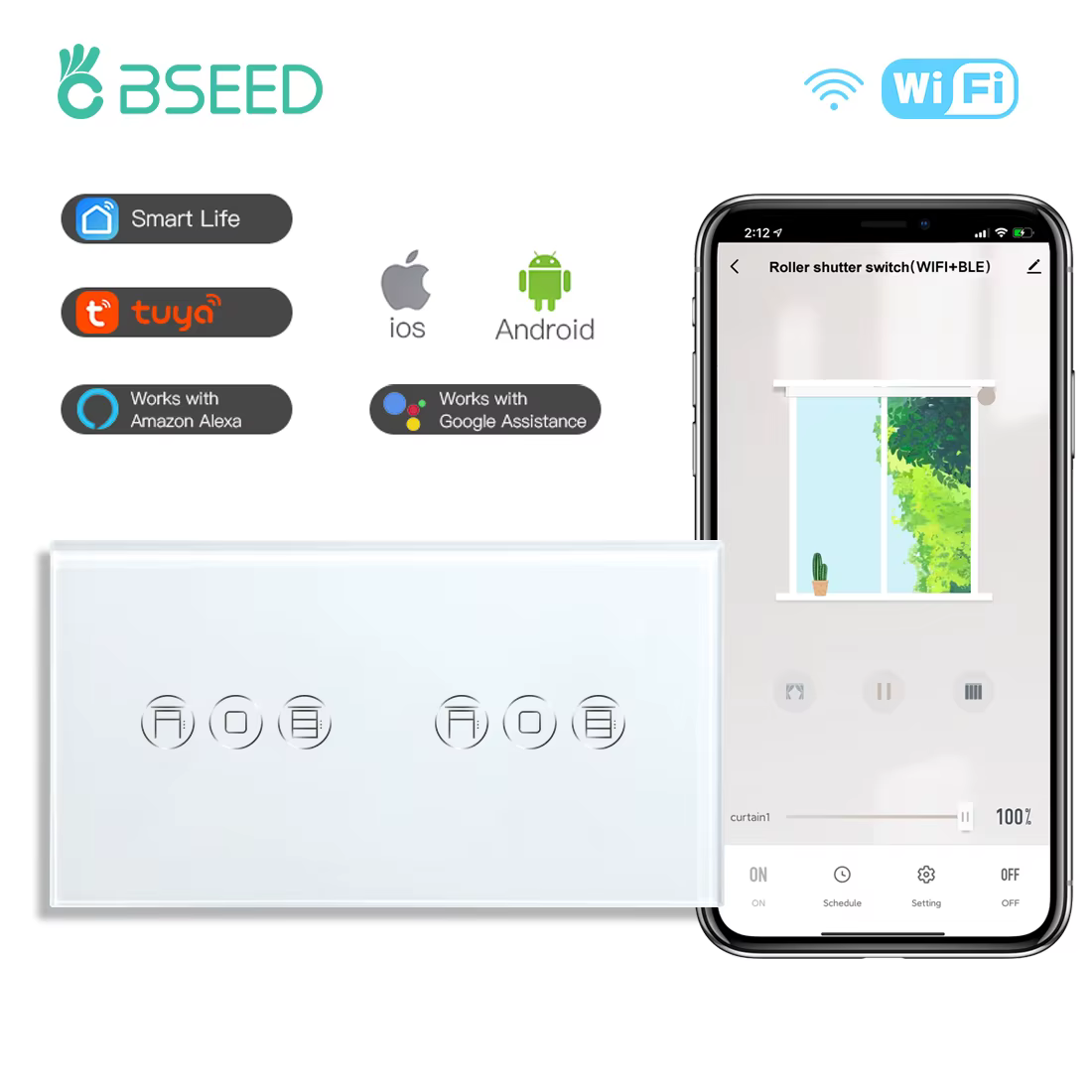 BSEED-Joli d'obturateur intelligent WiFi, double interrupteur ennemi sans fil, panneau tactile en cristal, fonctionne avec l'application Tuya Alexa Smart Life